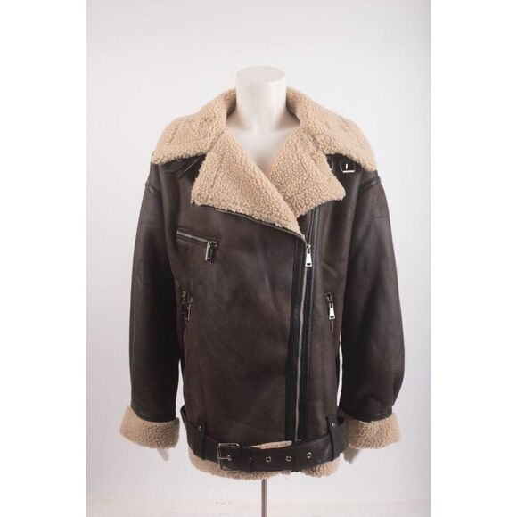 Zara Womens Aviator Biker Jacket Brown XL X-Large Sherpa Lined 8073/264 NWOT - Picture 2 of 7